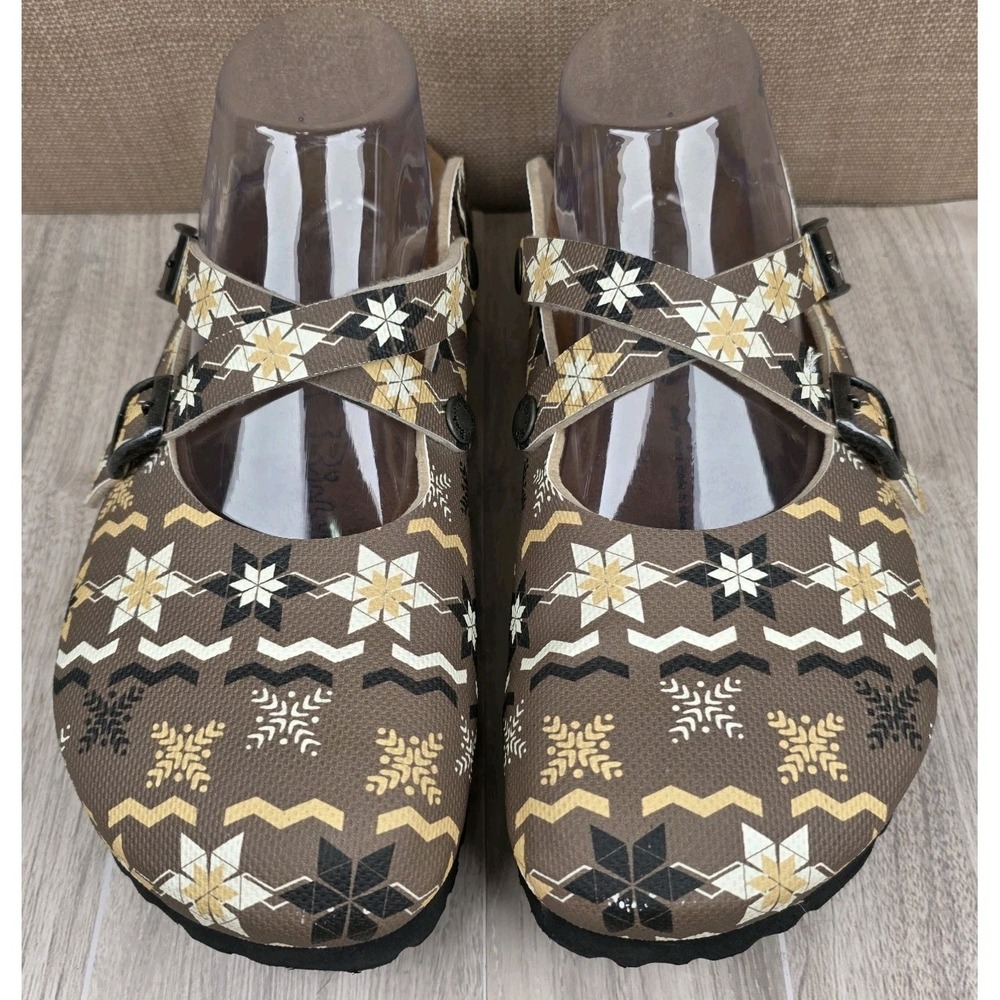 Birki's by Birkenstock Dorian Norway Clogs Brown Fair Isle pattern Women's Sz 8